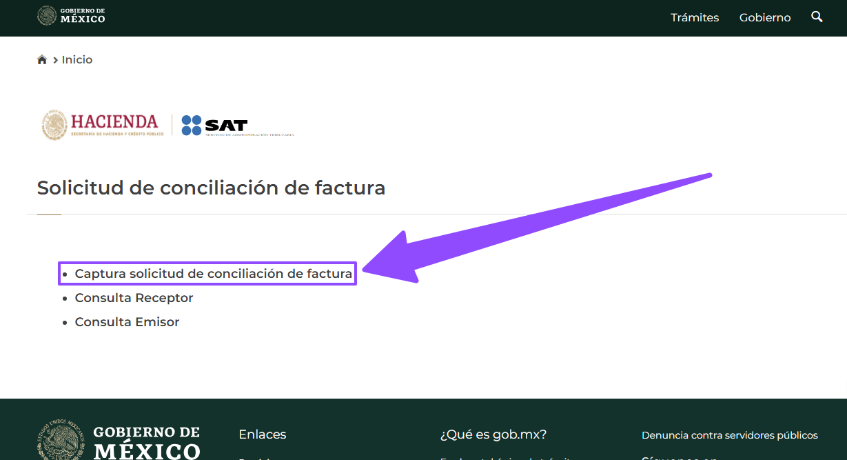 Captura solicitud de conciliacion de factura SAT ADN Fiscal