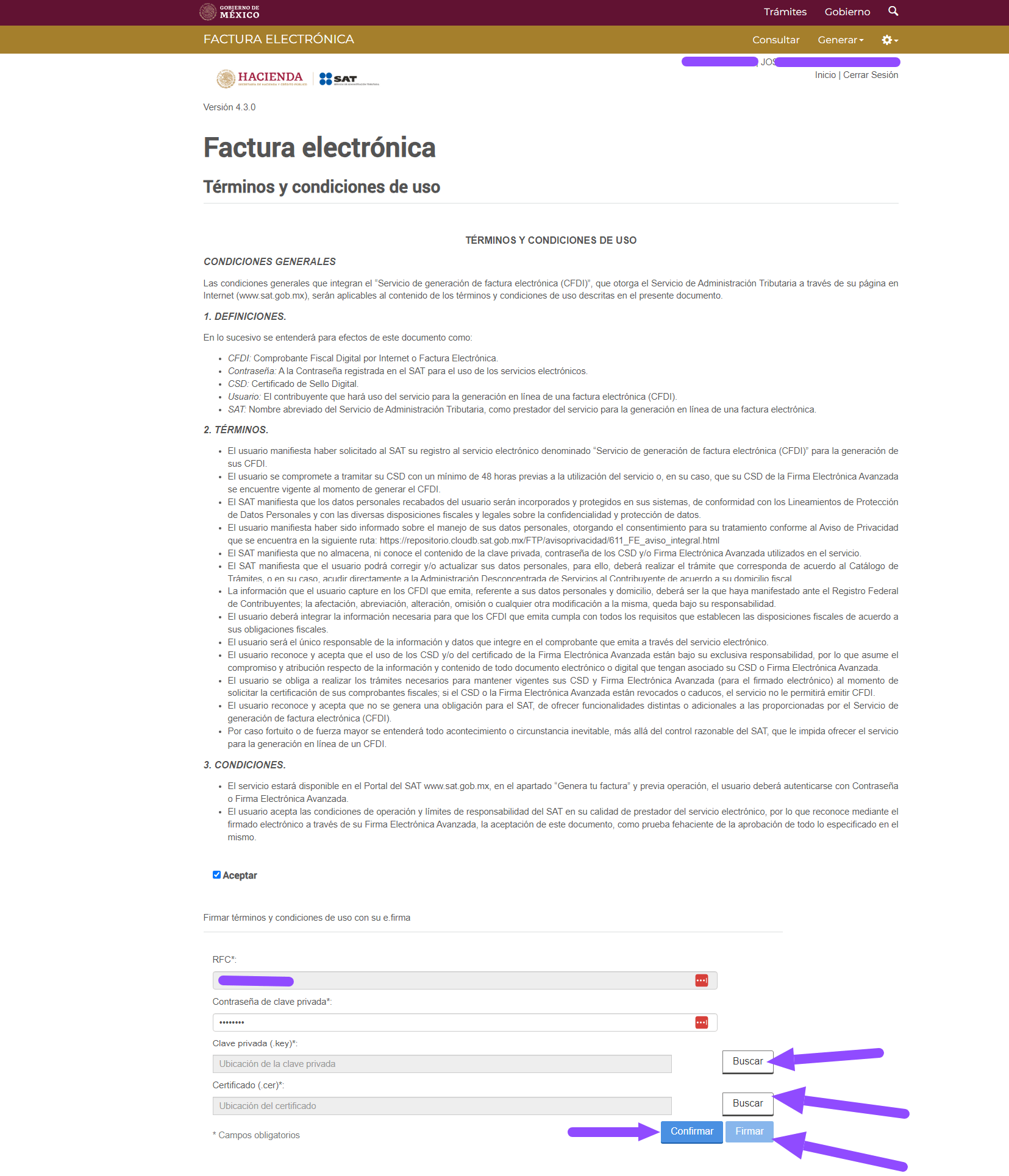 Factura electronica SAT Terminos y condiciones de uso SAT ADN Fiscal