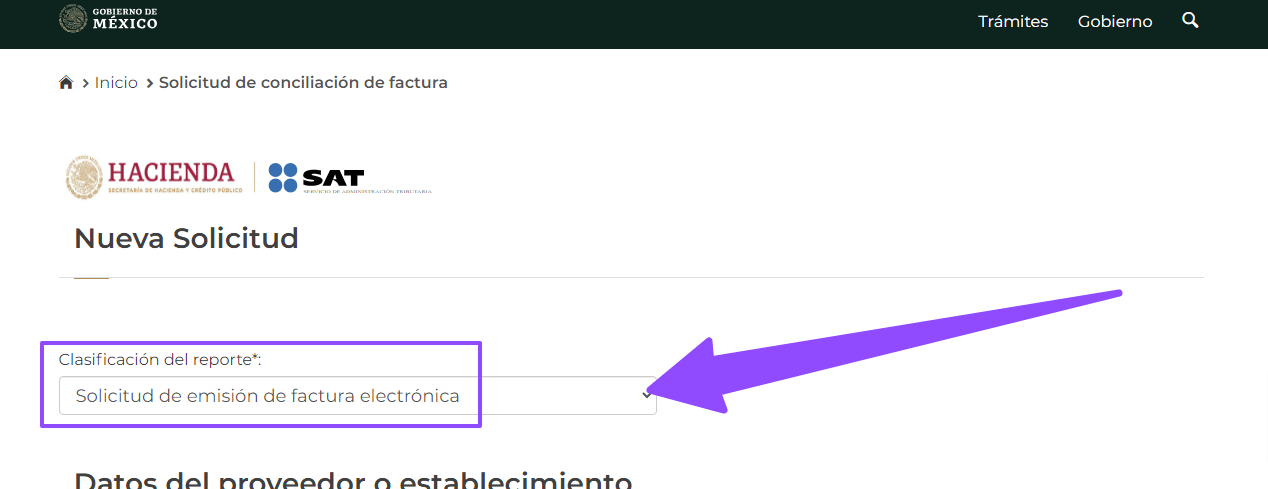 Nueva Solicitud Clasificacion del reporte conciliacion de factura SAT ADN Fiscal