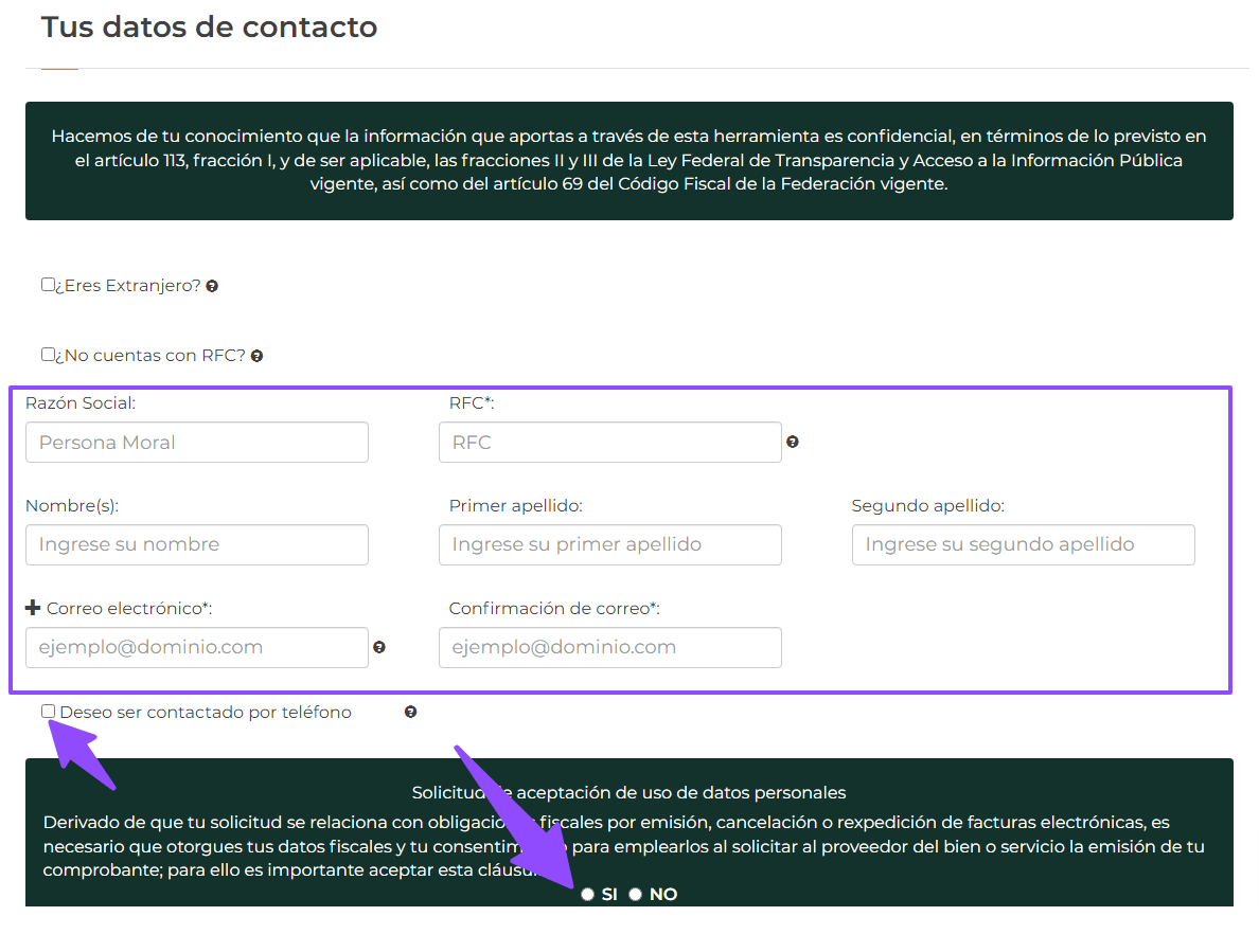 Tus datos de contacto contribuyente conciliacion factura sat SAT ADN Fiscal