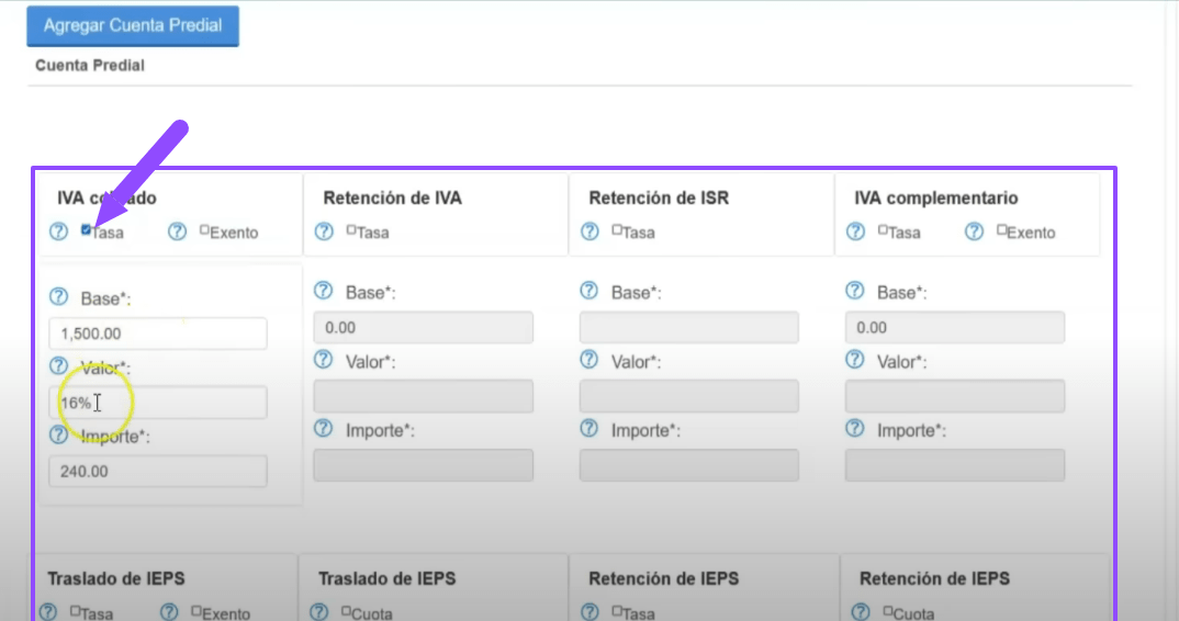 agregar impuestos sat factura producto o servicio SAT ADN Fiscal