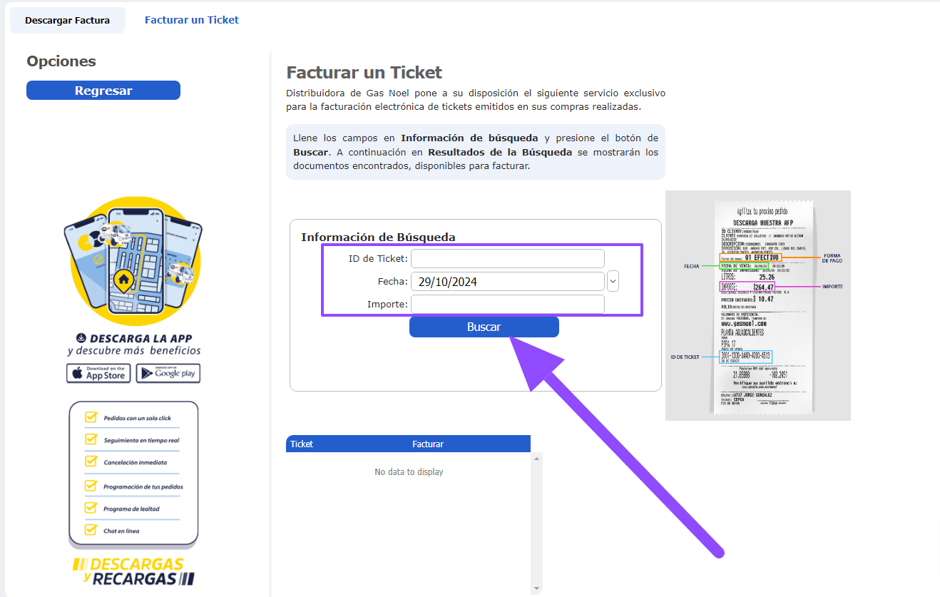 buscar ticket Gas Noel facturar Facturar Tickets ADN Fiscal