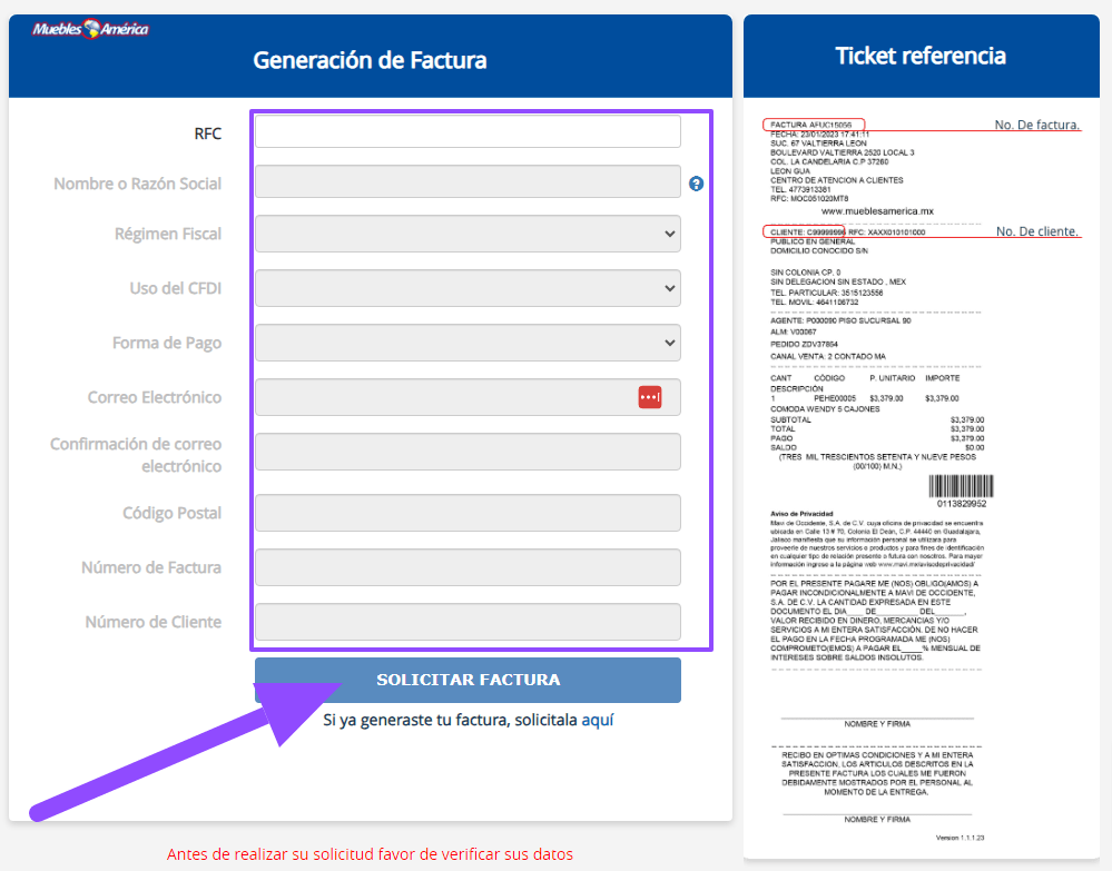 datos fiscales y ticket facturar Muebles America Facturar Tickets ADN Fiscal