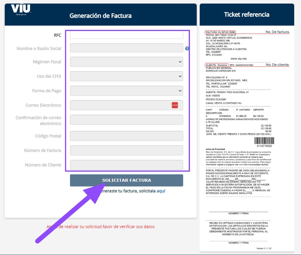 datos fiscales y ticket facturar VIU Facturar Tickets ADN Fiscal