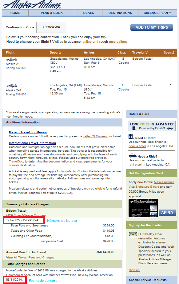 ejemplo boleto de Alaska Airlines facturacion Facturacion ADN Fiscal
