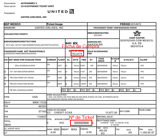 ejemplo boleto de United Airlines para facturar Facturacion ADN Fiscal