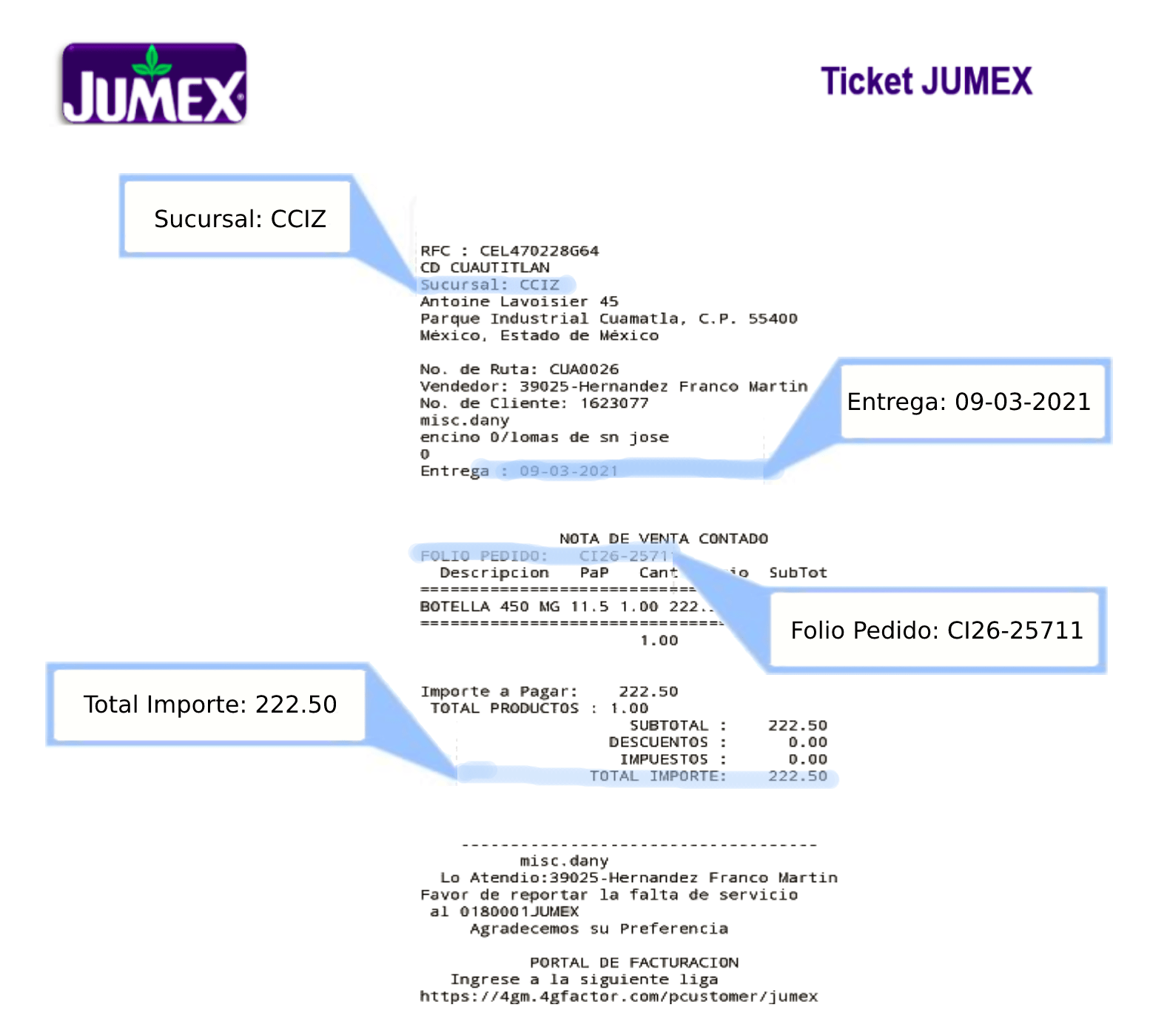 ejemplo datos ticket Grupo Jumex facturar Facturacion ADN Fiscal