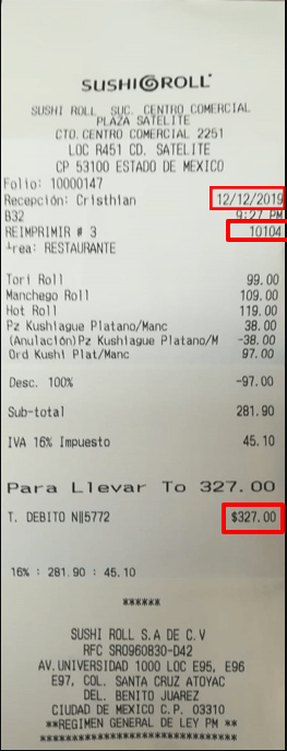 ejemplo datos ticket Sushi Roll facturar Facturacion ADN Fiscal