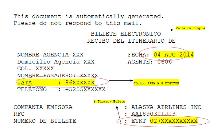 ejemplo de boleto de agencias de viajes Alaska Airlines facturacion Facturacion ADN Fiscal