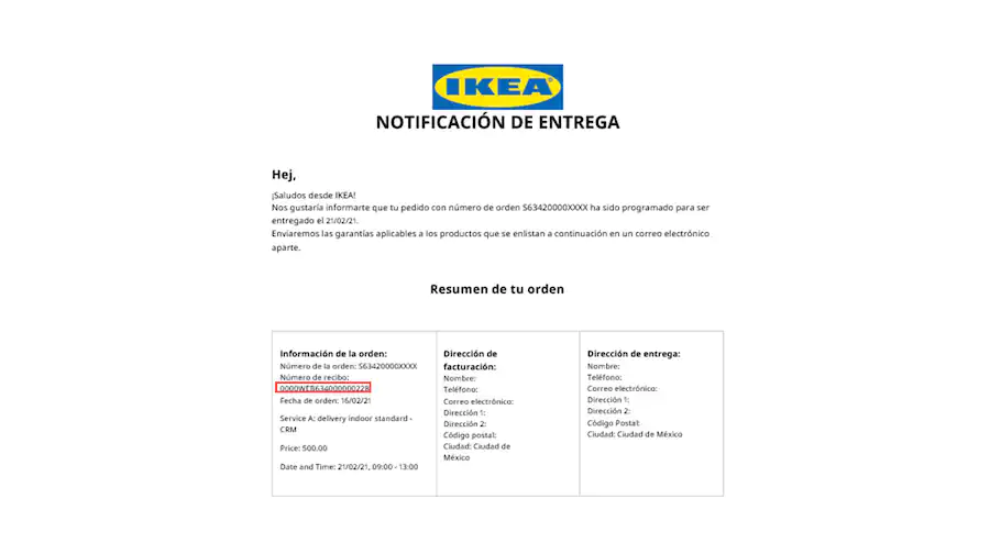 ejemplo orden de compra IKEA notificacion de entrega facturacion Facturacion ADN Fiscal
