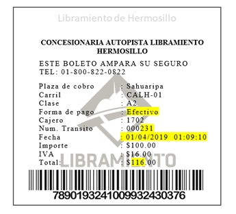 ejemplo ticket Autopista Libramiento Hermosillo Facturacion ADN Fiscal
