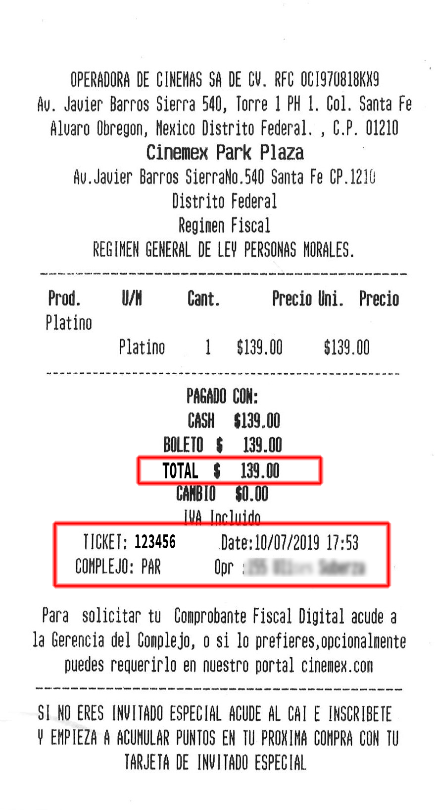 ejemplo ticket Cinemex para facturar Facturacion ADN Fiscal