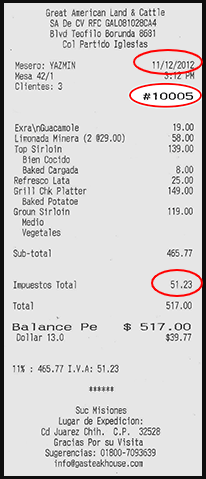 ejemplo ticket Great American Steakhouse para facturar Facturacion ADN Fiscal