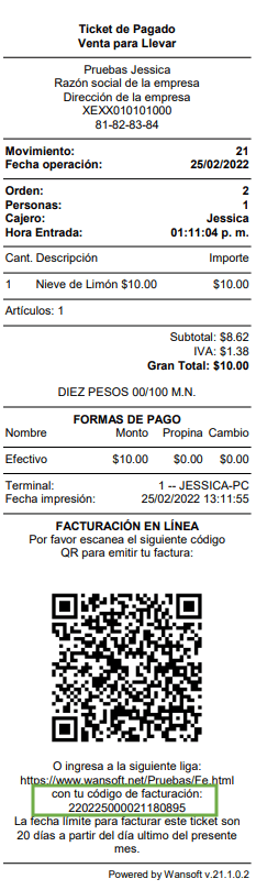 ejemplo ticket Wansoft con codigo de facturacion Facturacion ADN Fiscal