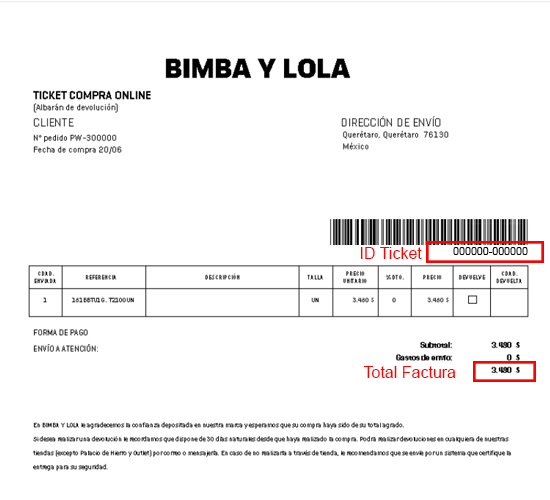 ejemplo ticket compra online facturar BIMBA Y LOLA Facturacion ADN Fiscal