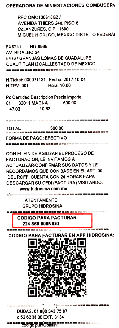 ejemplo ticket facturacion Hidrosina Facturacion ADN Fiscal