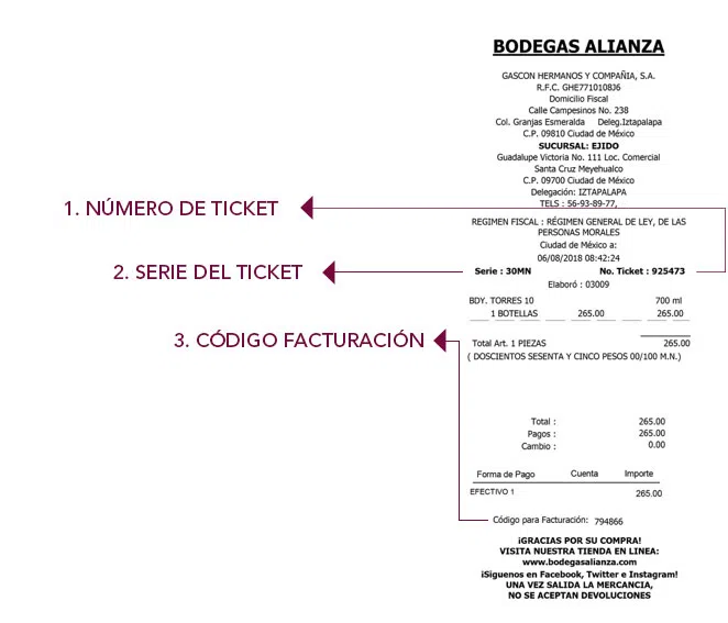 ejemplo ticket facturar Bodegas Alianza Facturacion ADN Fiscal