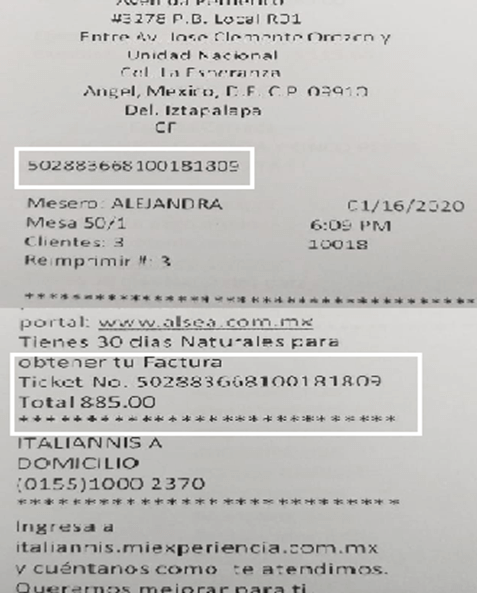ejemplo ticket facturar Italiannis Alsea Facturacion ADN Fiscal