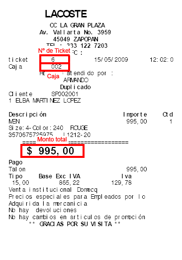 ejemplo ticket facturar Lacoste Facturacion ADN Fiscal