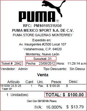 ejemplo ticket facturar Puma Facturacion ADN Fiscal