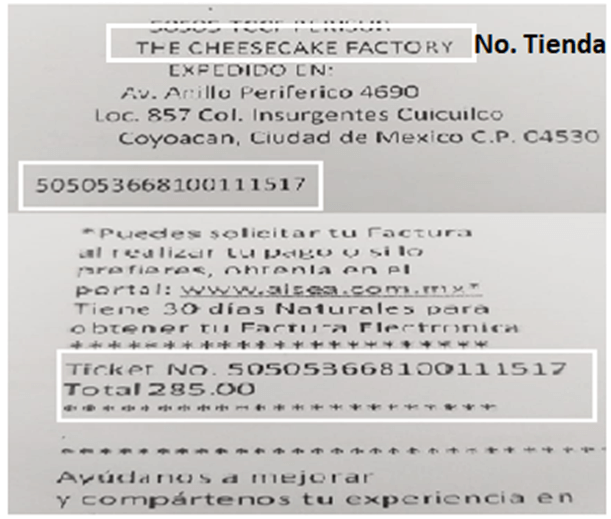 ejemplo ticket facturar The Cheesecake Factory Facturacion ADN Fiscal