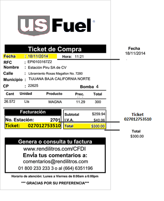 ejemplo ticket facturar US Fuel Facturacion ADN Fiscal