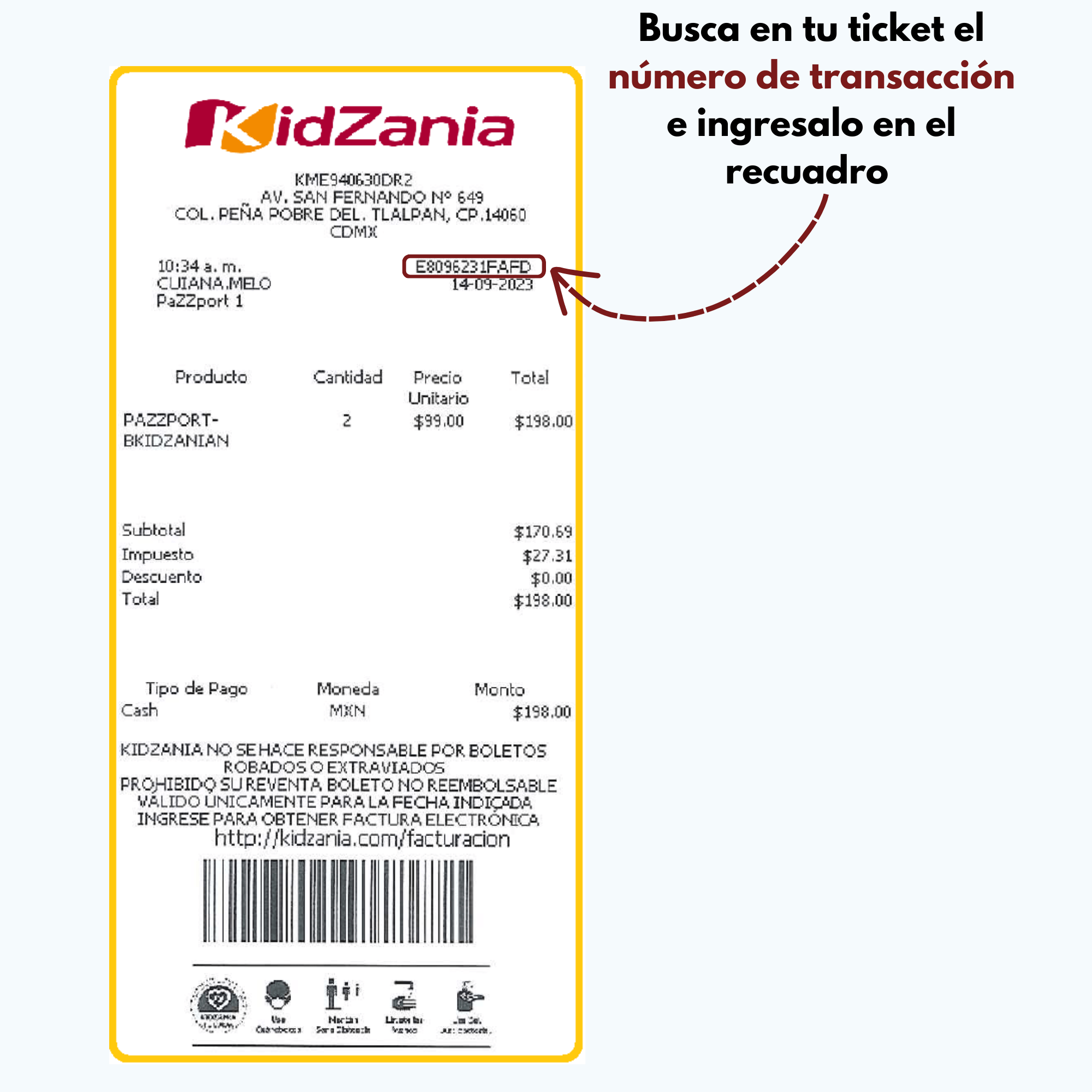 ejemplo ticket numero transaccion Kidzania facturar Facturacion ADN Fiscal