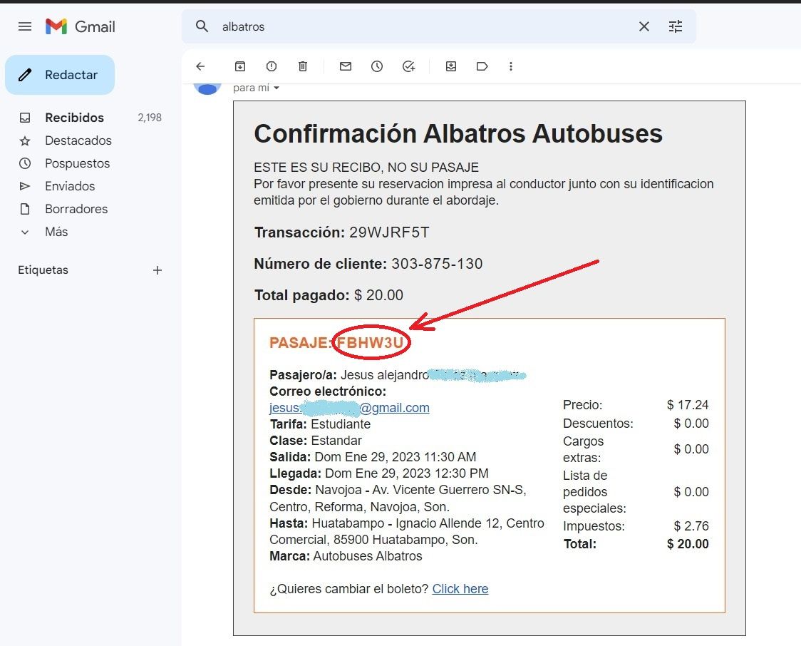 ejemplo ticket por email Albatros Autobuses facturacion Facturacion ADN Fiscal