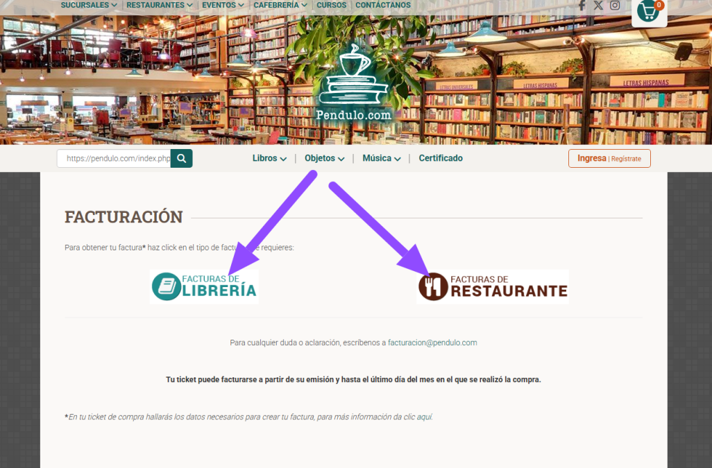 entrar facturar Cafebreria El Pendulo Facturar Tickets ADN Fiscal