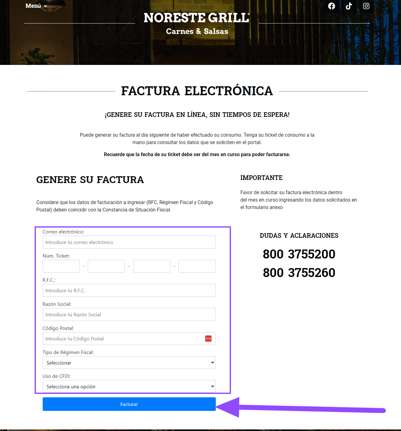 ingresar datos Noreste Grill facturacion Facturar Tickets ADN Fiscal