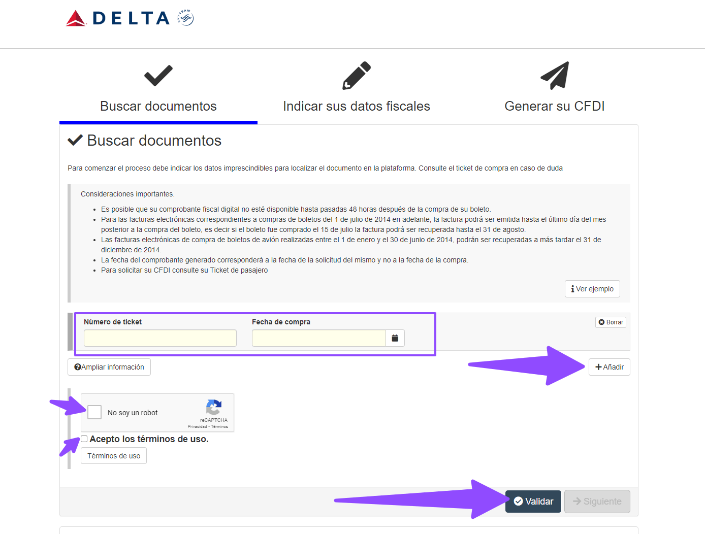 ingresar datos de boleto Delta Air Lines facturacion Facturacion ADN Fiscal