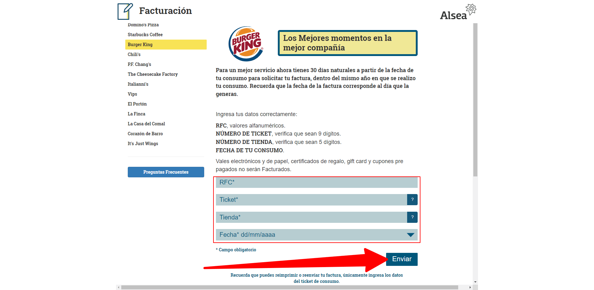 ingresar rfc y ticket Burger King alsea facturacion Facturacion ADN Fiscal