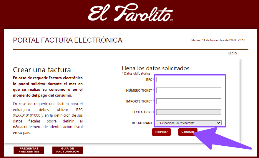 ingresar rfc y ticket El Farolito Facturacion ADN Fiscal