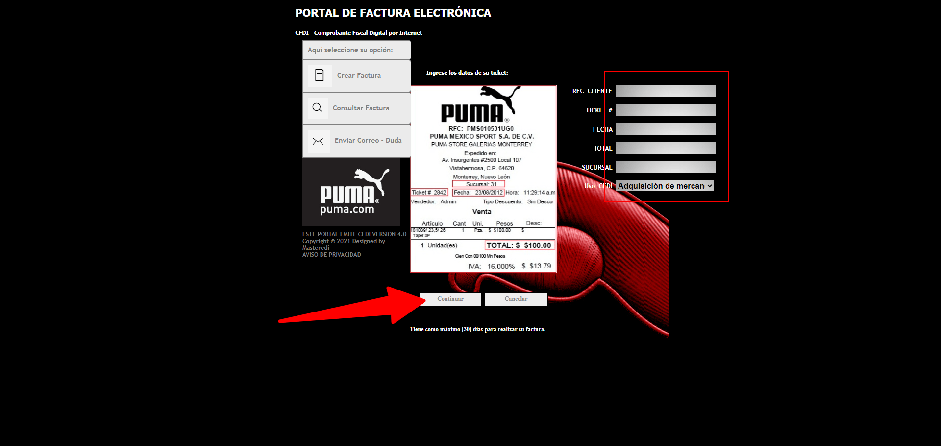 ingresar rfc y ticket facturacion Puma Facturacion ADN Fiscal