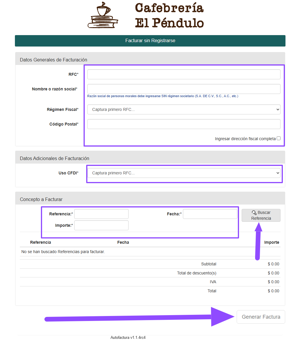 ingresar ticket datos fiscales Cafebreria El Pendulo facturacion Facturar Tickets ADN Fiscal