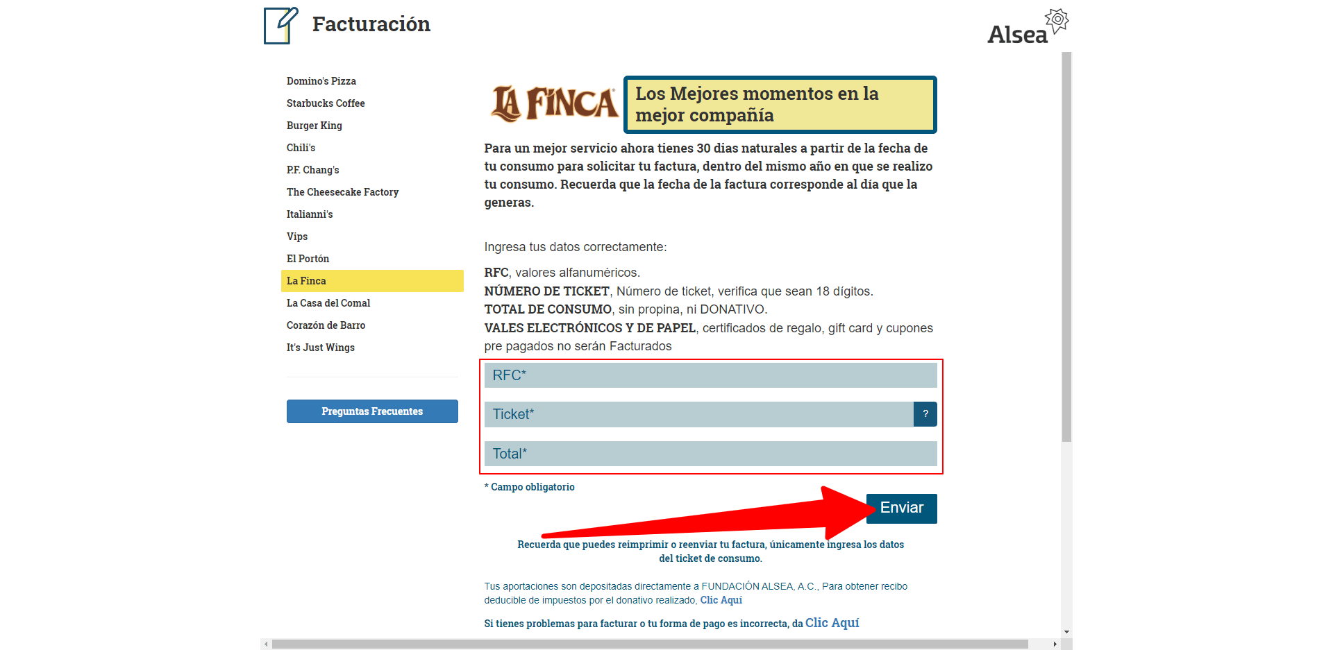 ingresar ticket facturacion La Finca Facturacion ADN Fiscal
