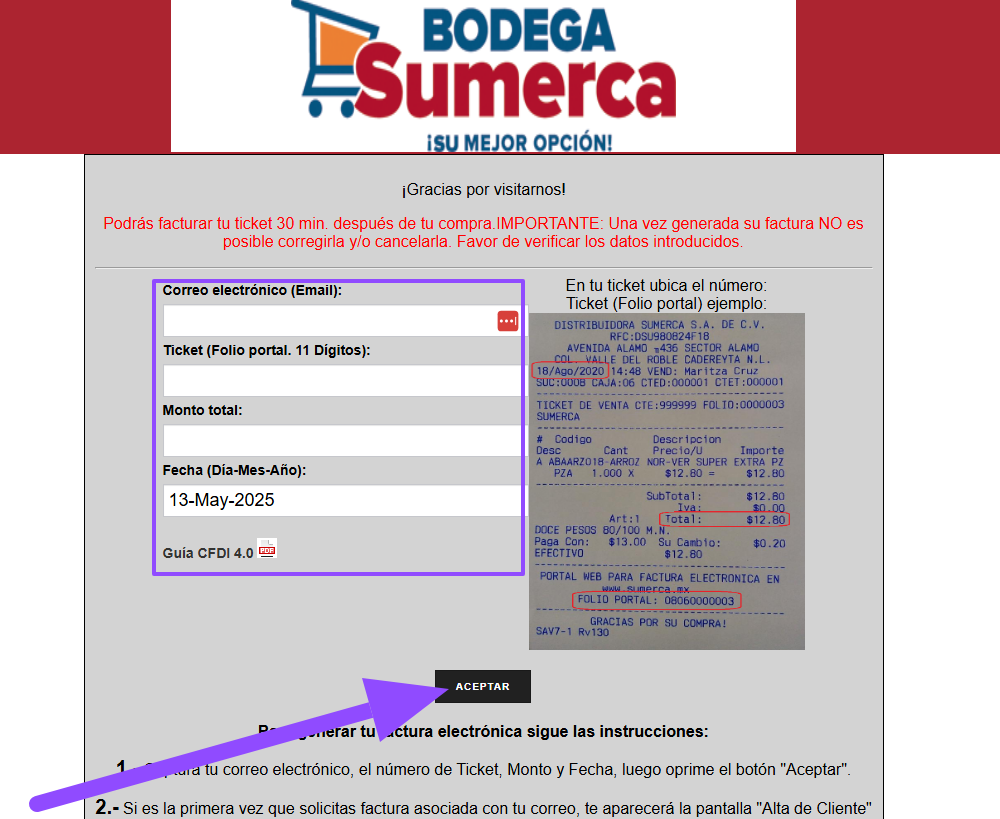 ingresar ticket facturacion SUMERCA Facturar Tickets ADN Fiscal