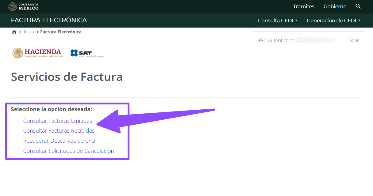 seleccionar opcion consultar facturas o recuperar facturas SAT SAT ADN Fiscal