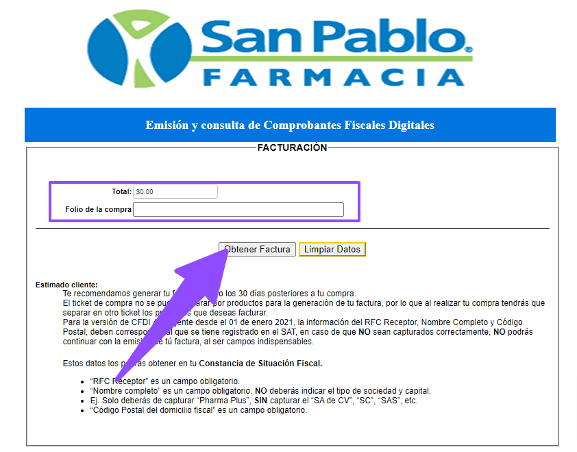total folio ticket facturacion Farmacia San Pablo Facturacion ADN Fiscal